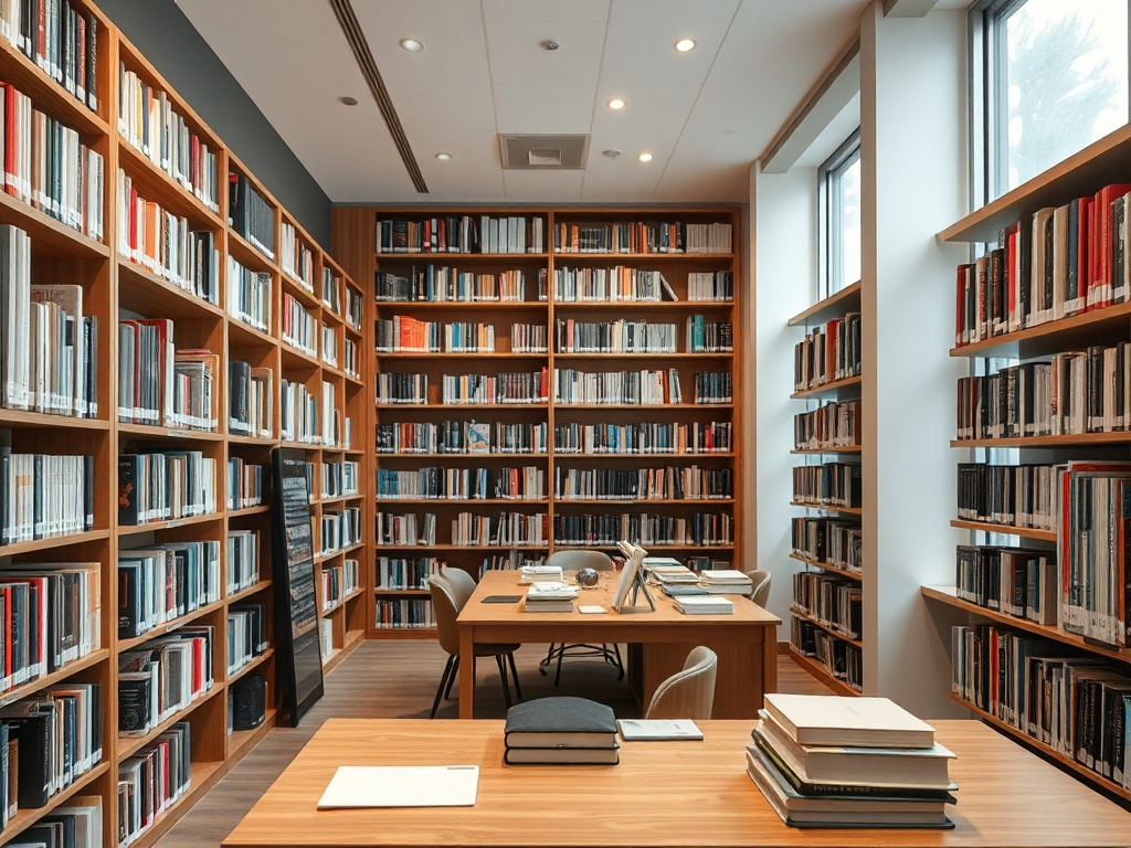 Современная библиотека с деревянными полками, заполненными книгами и уютной рабочей зоной.